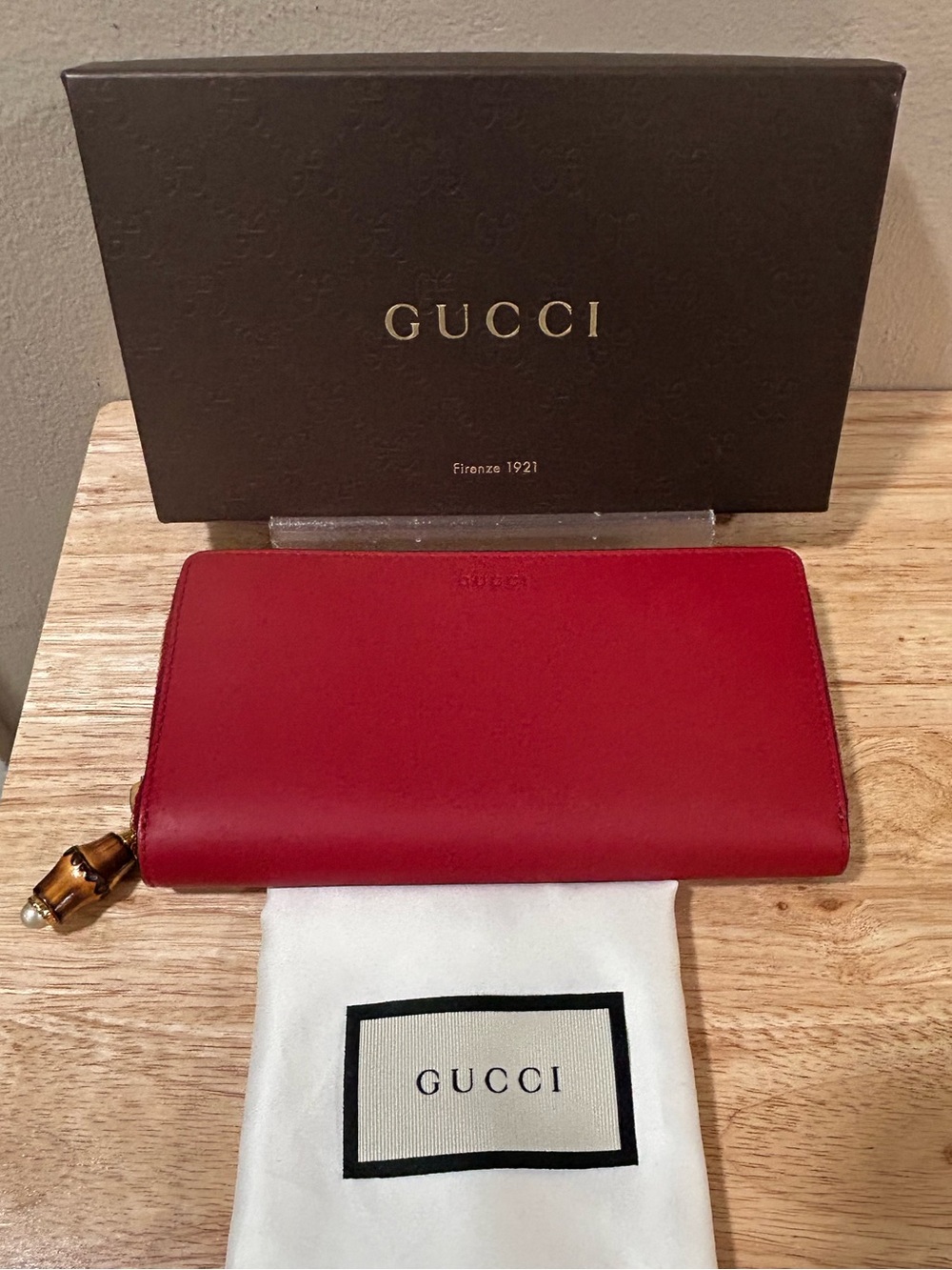 Gucci Authentic Red Leather Zipper Wallet with Bamboo Pull